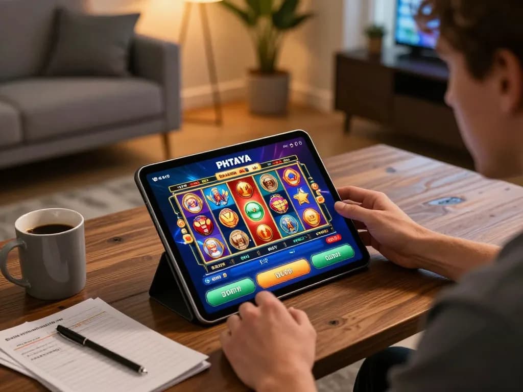PHTAYA player enjoying online slots on tablet in a cozy home environment
