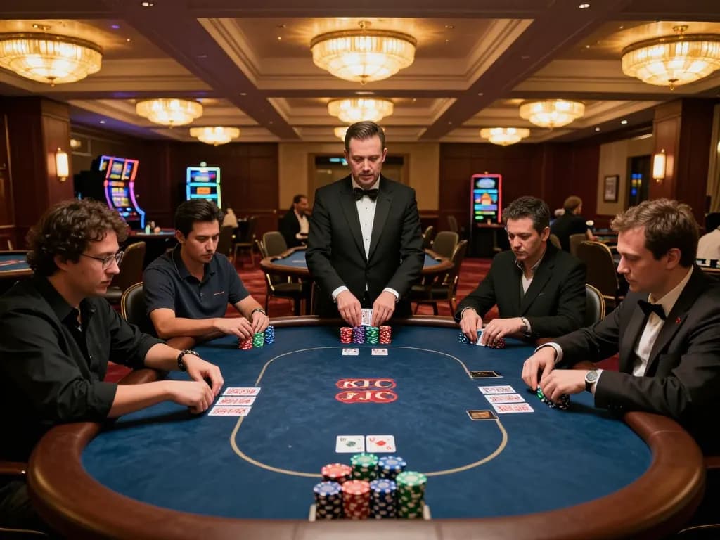 KJC poker players strategizing at high-stakes table in upscale casino atmosphere.