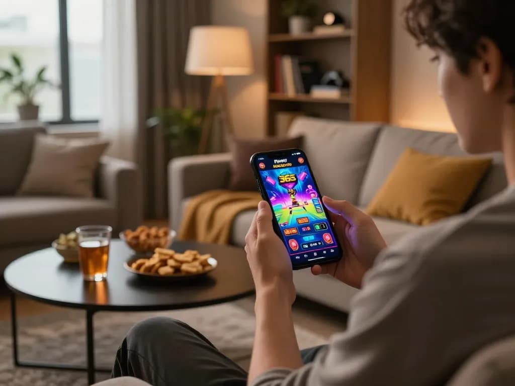 Player enjoying Pinoy 365 casino app on smartphone in a cozy living room setting, promoting responsible gambling
