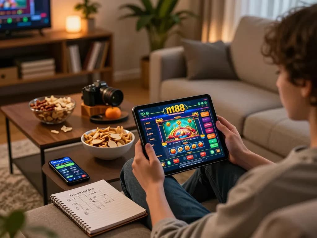 Engaging online gaming session on n188 with a player using a tablet in a cozy home.