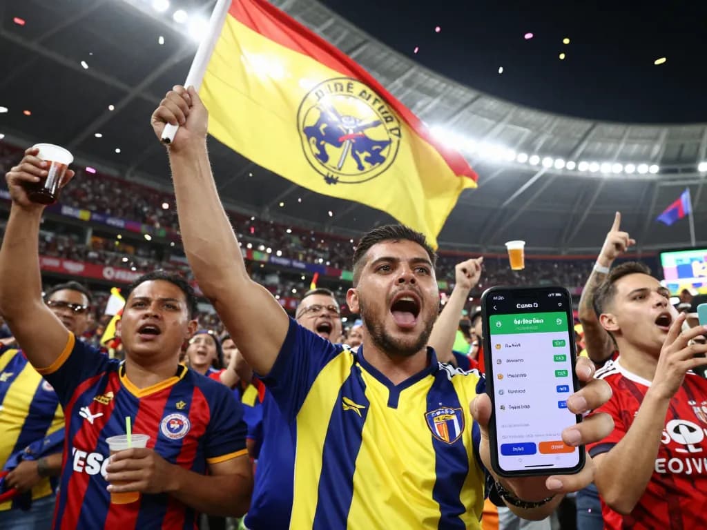 Excited football fan celebrating tỷ lệ kèo bóng đá in a vibrant stadium.