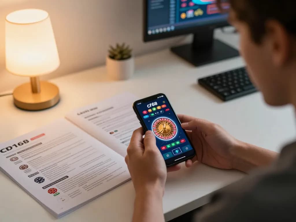 Player engaging with the cf68 mobile app, enjoying a vibrant roulette game in a cozy environment.