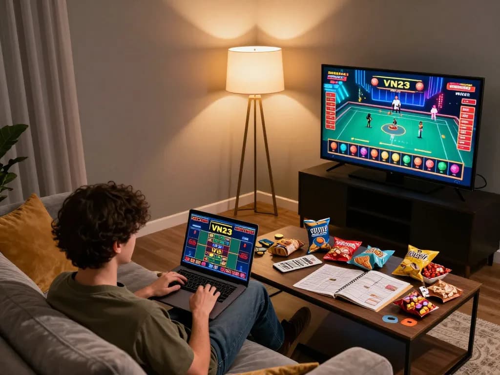 Engaging in strategic gameplay on VN23 from a comfortable home setting, showing a laptop with live gaming interface