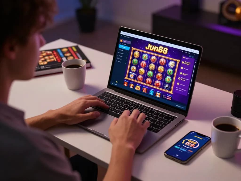 Engaging with Jun88 casino app on a laptop, showcasing vibrant slot game graphics in a cozy home setting.