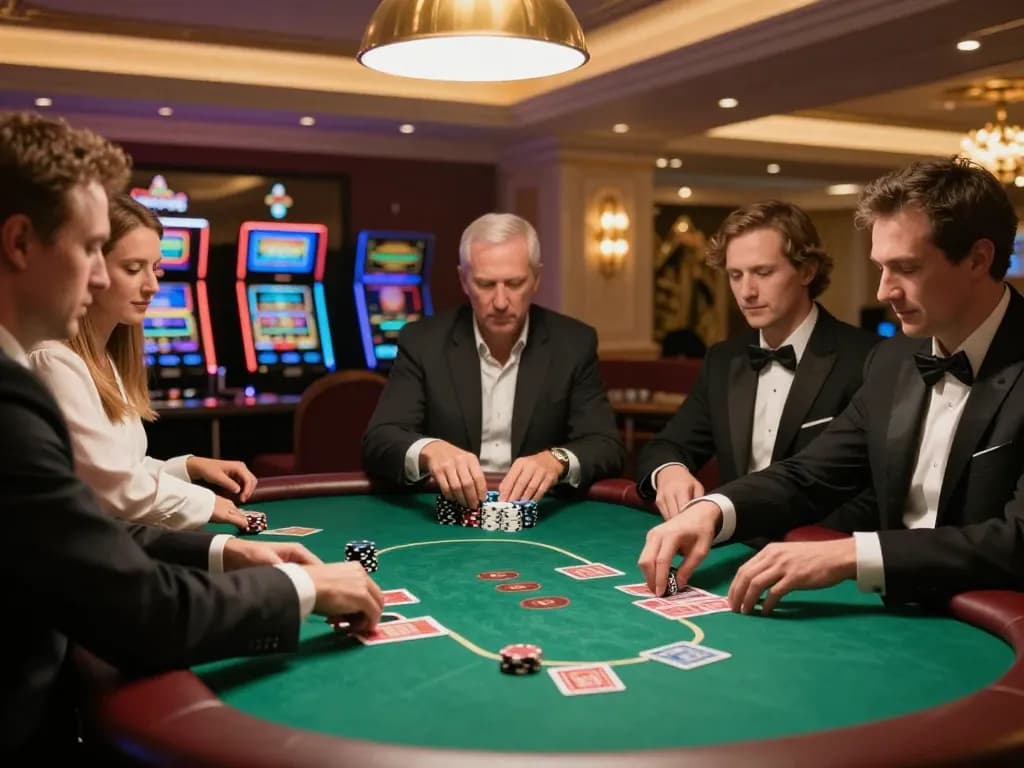 Engaged players at B52 poker table examining their cards and strategizing for winning moves.