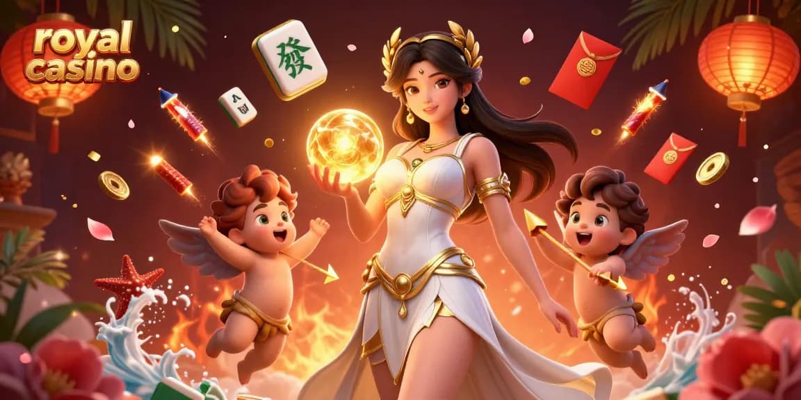 Experience royal casino thrills with a goddess and cherubs amidst shimmering game elements.