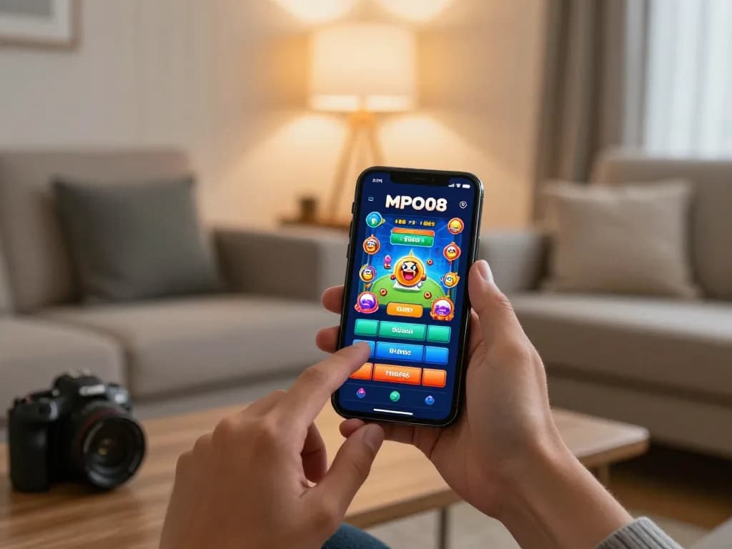 MPO08 user engaging with mobile casino app showcasing vibrant gameplay on a smartphone.