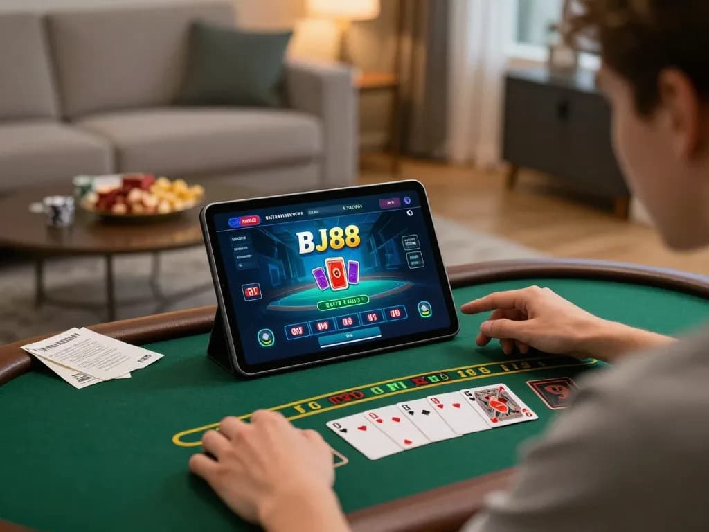BJ88 player enjoying blackjack on a tablet in a cozy living room setting while managing bets responsibly