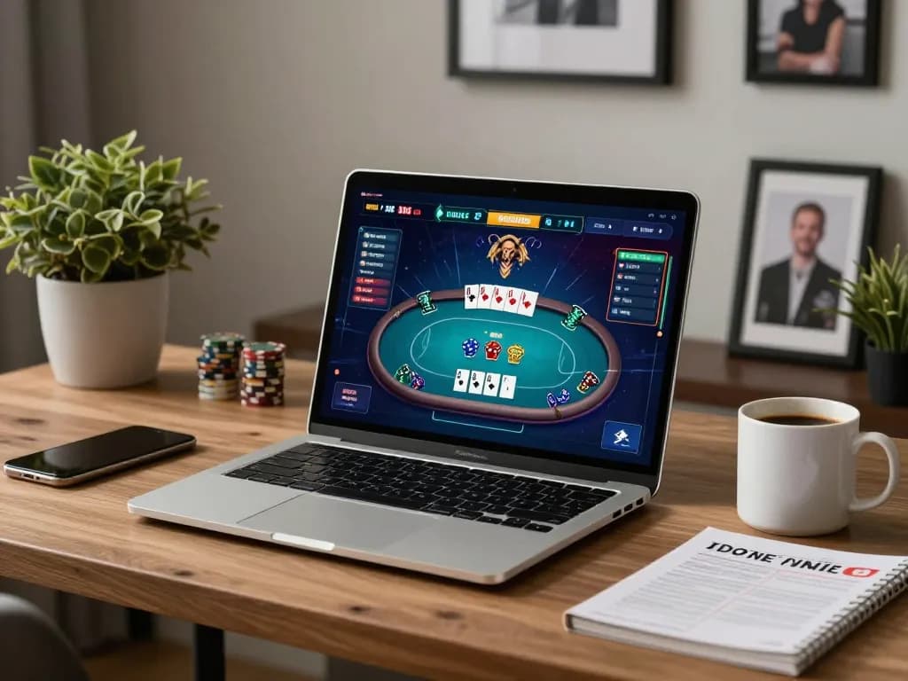 Tg88 chính thức online poker game in a stylish home office with laptop and strategy notes.