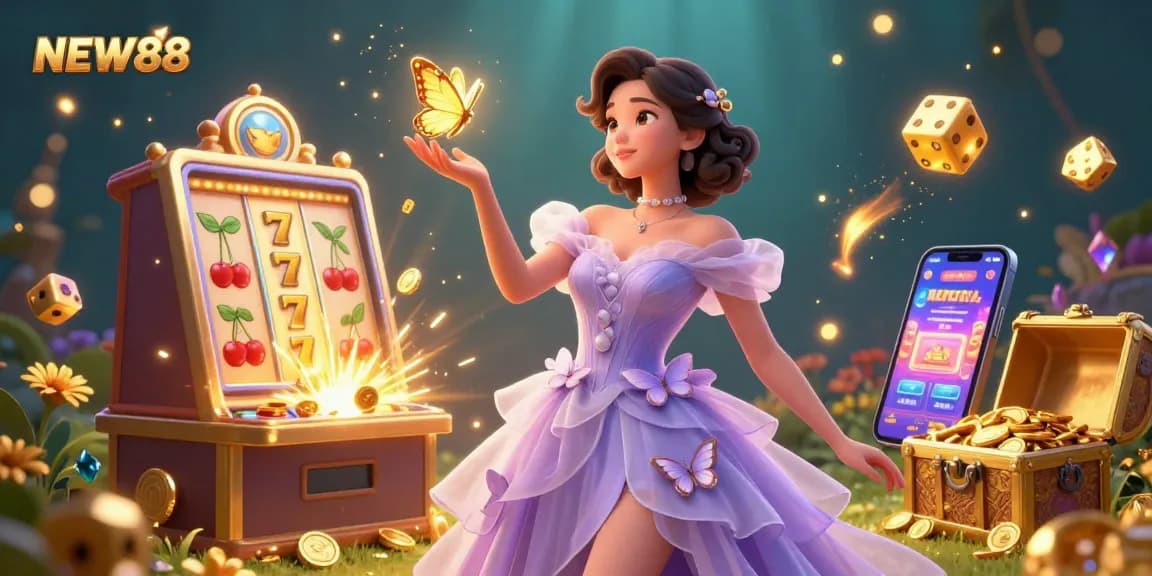 Spin and win at NEW88's vibrant casino, showcasing an enchanting scene with exciting gaming elements.