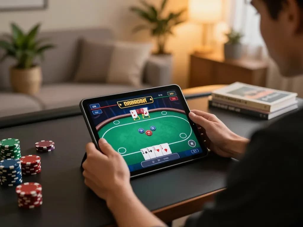 Engaging gaming experience while ดูหนังออนไลน์ at home using a tablet in a cozy setting.