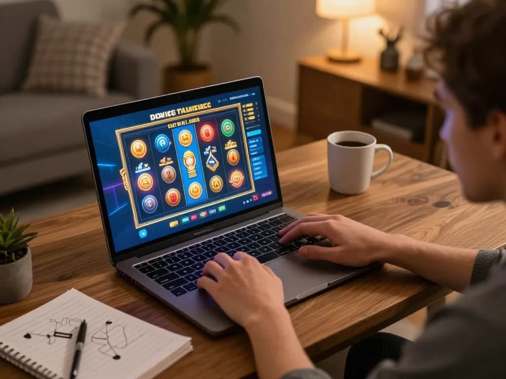 Player enjoying exciting slot depo 5k gaming on a laptop in a cozy home setup