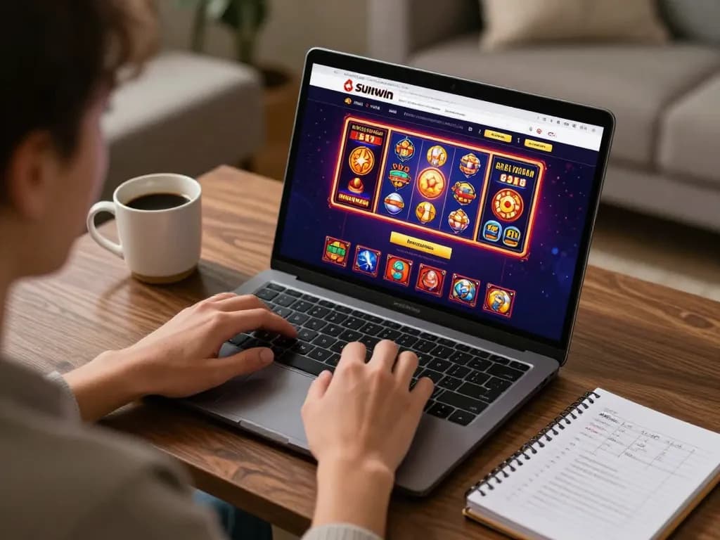 Player engaging with Sunwin online casino interface on a laptop, showcasing an immersive gambling experience at home.