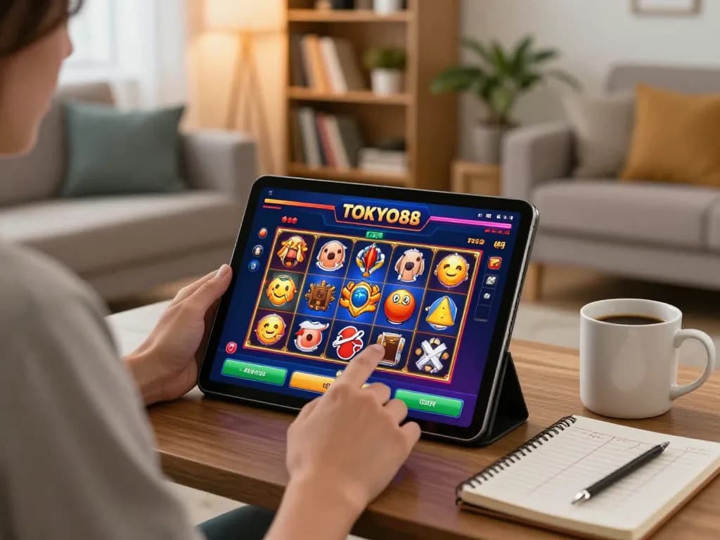 Pengaturan permainan di rumah yang menarik menampilkan pemain pada permainan slot TOKYO88, dengan layar yang cerah dan suasana yang nyaman.