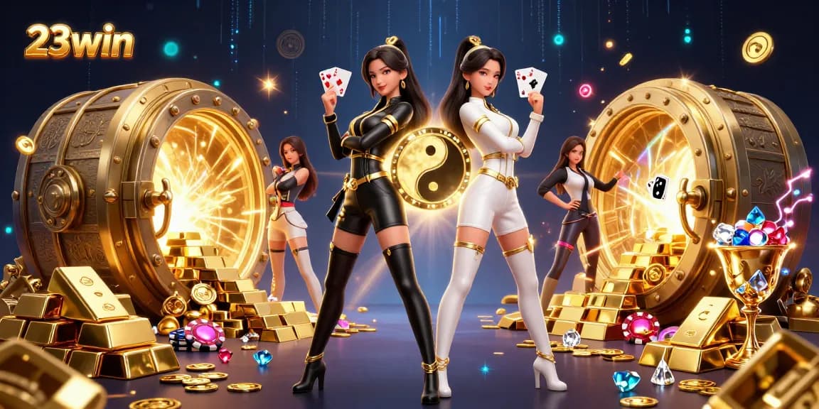 Experience the thrill of 23win with stunning twin Asian women portraying a vibrant casino atmosphere.