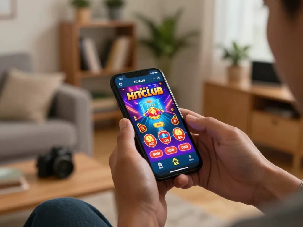 Engaging gameplay on Hitclub app featuring smartphone and cozy ambiance.