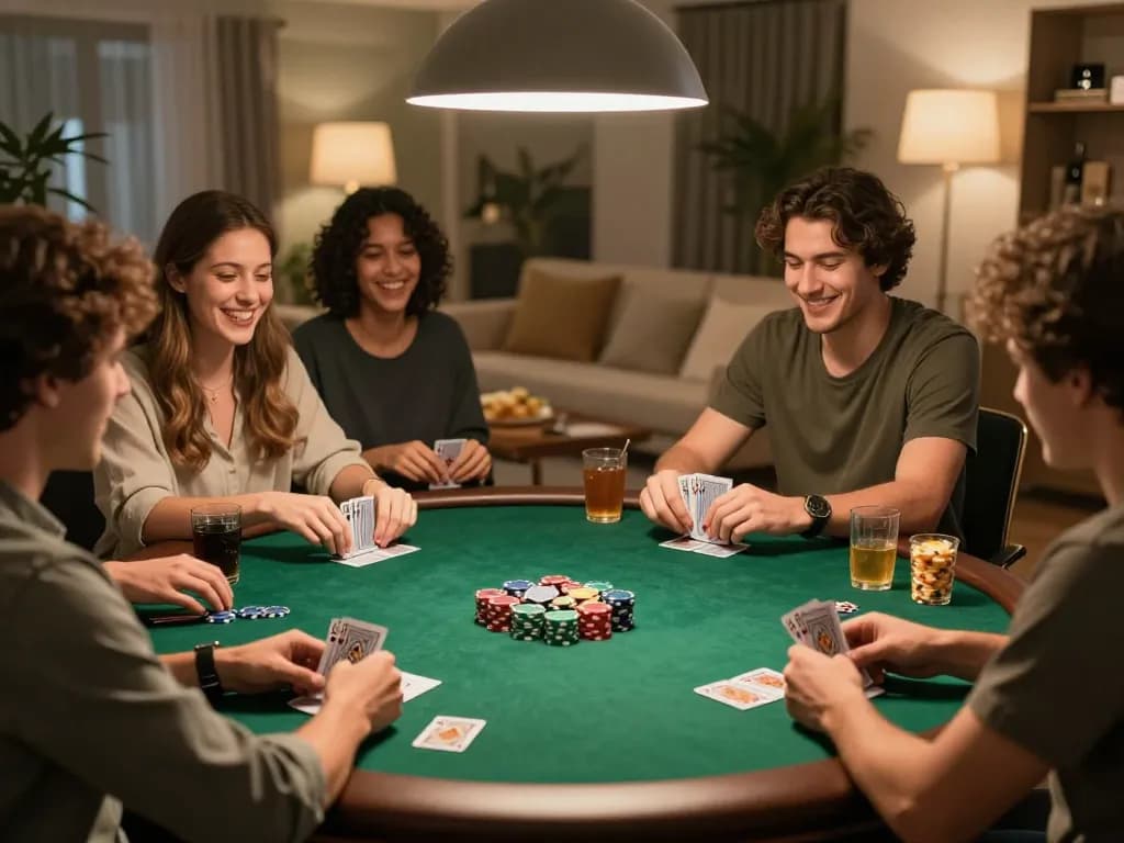 Tỷ lệ nhà cái notional analysis during casual home poker game with friends, showcasing strategic interactions.