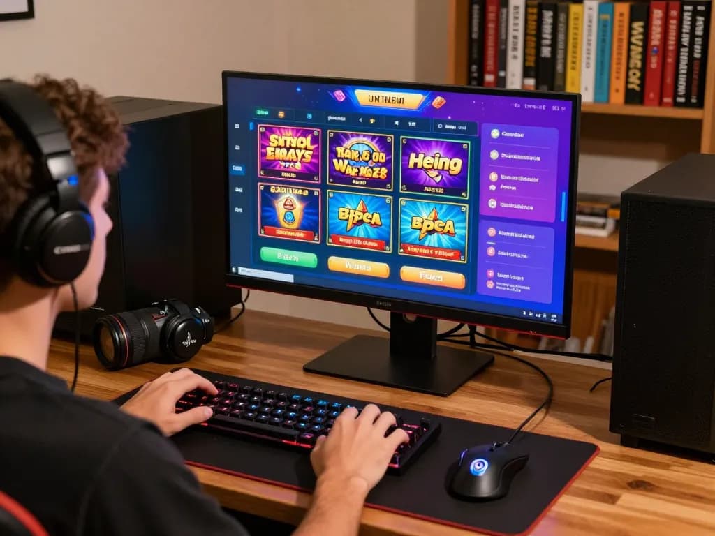 Engaged player enjoying situs slot games on desktop with vibrant graphics.