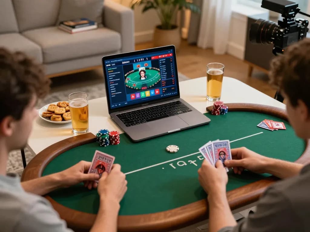 Engaged player strategizing during an online poker game at home with okfun platform interface