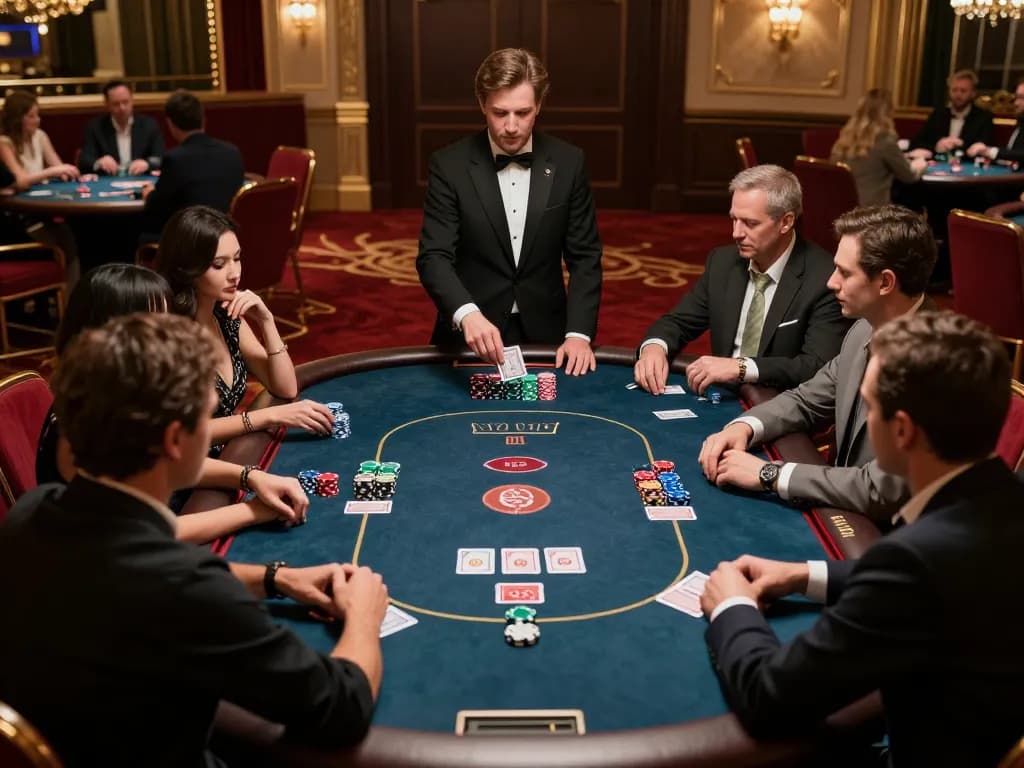 Engaged players at a lively poker table at 789club in an upscale casino, showcasing strategic gameplay.
