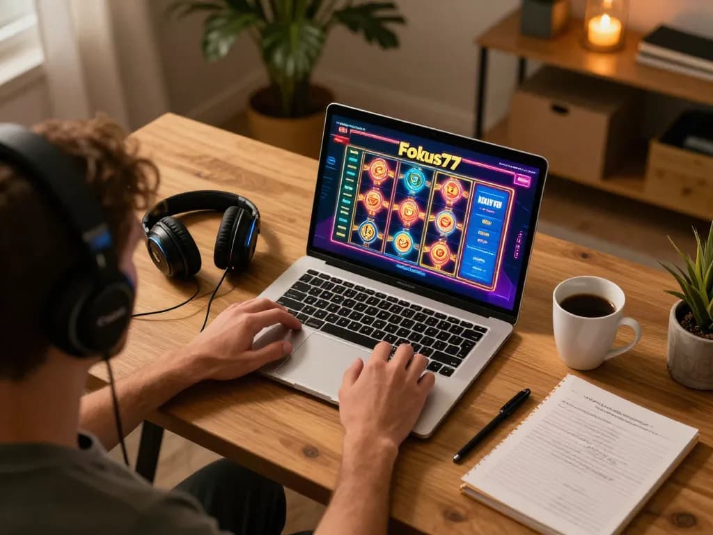 Enjoying a thrilling game on Fokus77 slots, showcasing vibrant visuals and strategic setup