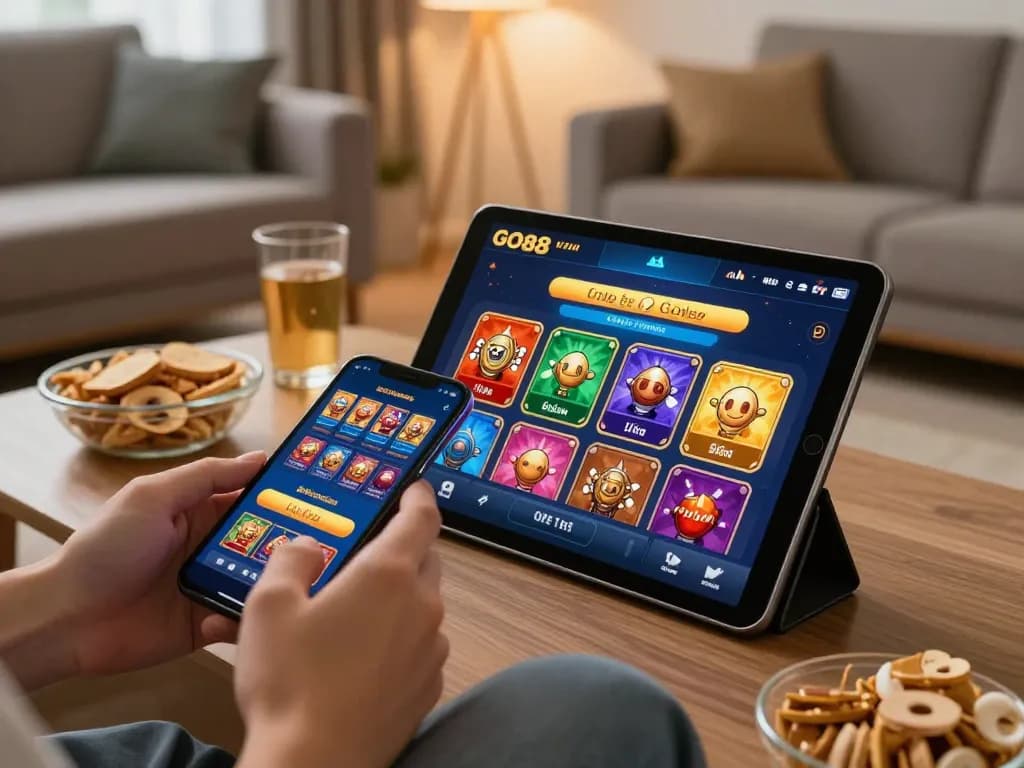 Hands engaging with the GO88 app, showcasing vibrant casino games in a cozy home setting.