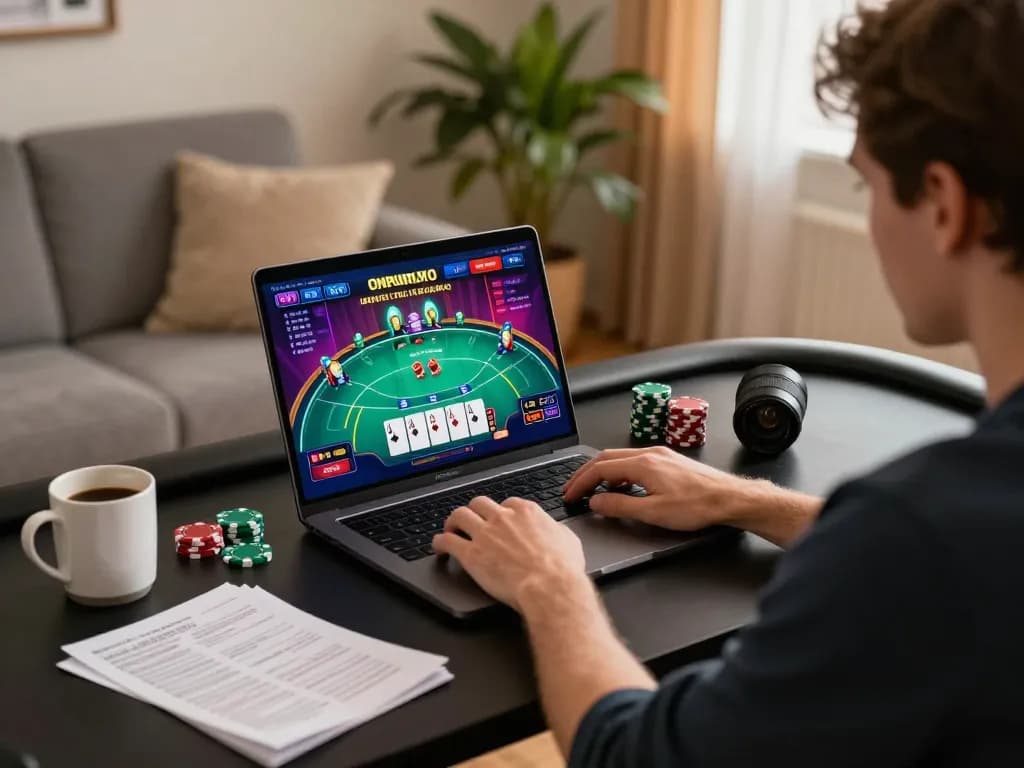 Player strategizing with n188 online casino poker game on laptop in cozy home setup.