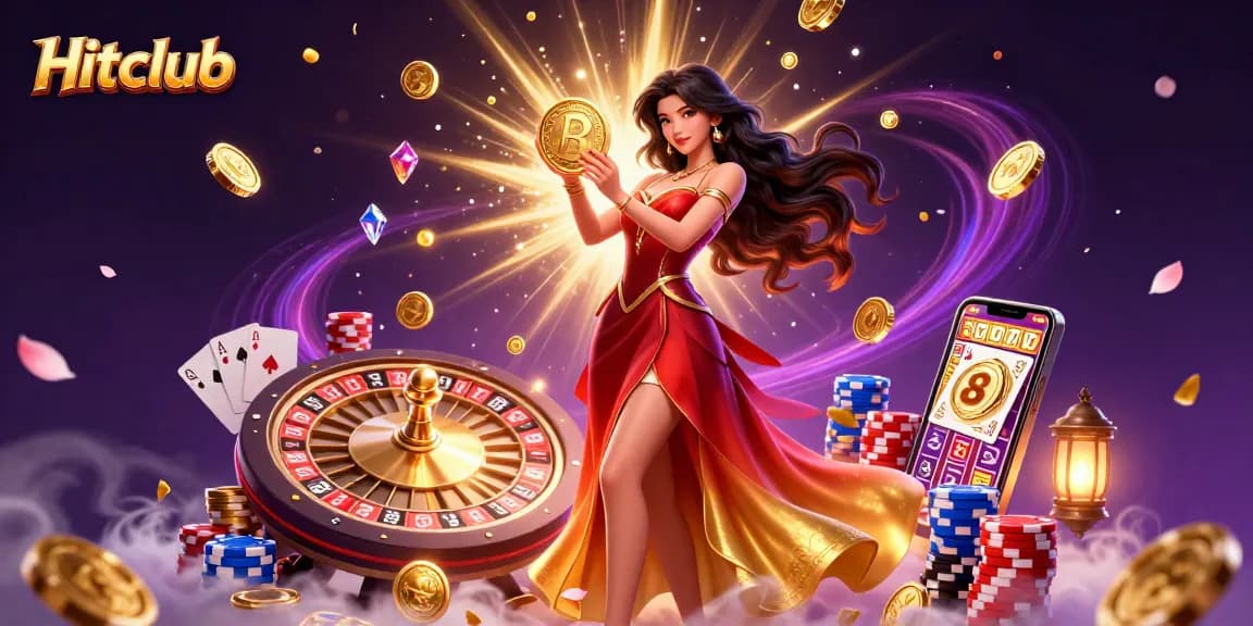 Engage with the thrilling Hitclub experience featuring golden coins, a stunning Asian woman, and dynamic casino elements.
