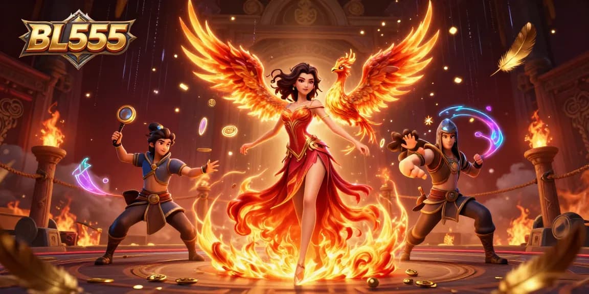 Engage in thrilling gaming experiences on BL555, featuring a powerful Asian woman and a phoenix amidst vibrant casino elements.