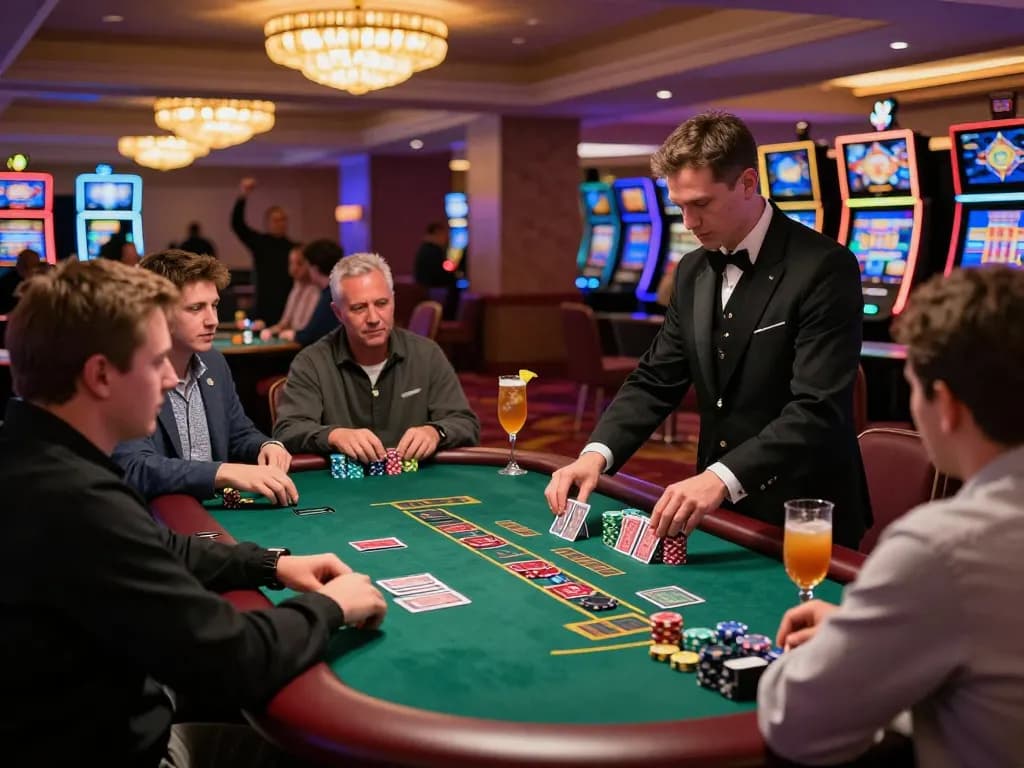 Players at the blackjack table celebrating a win in casino, tg88 chip stacks illuminate the scene.