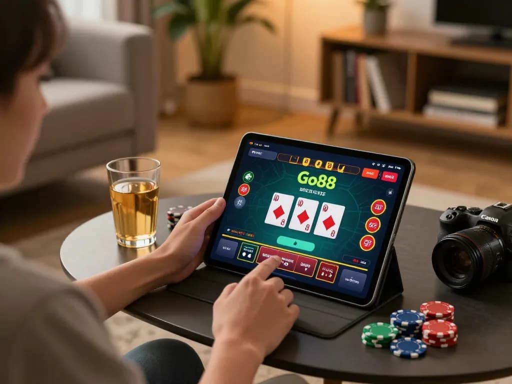 Giao lưu với ứng dụng casino trực tuyến của Go88 trên máy tính bảng, thể hiện trò chơi với dealer trực tiếp trong không gian ấm cúng tại nhà.