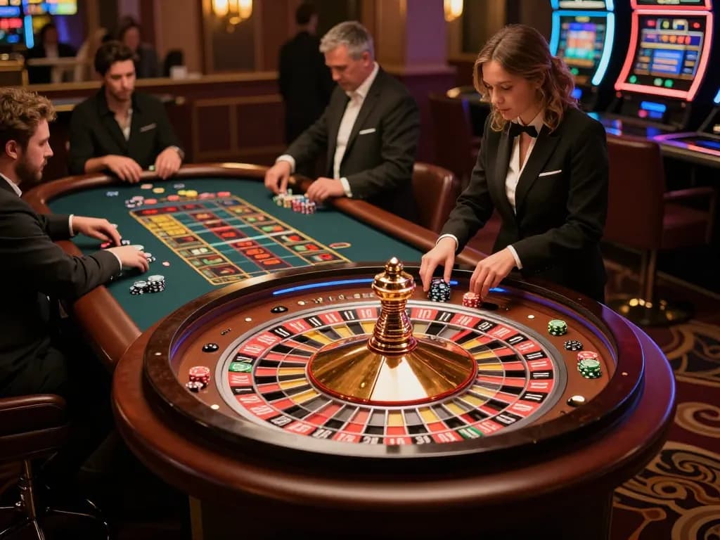 lv88seo players placing bets on roulette, excited atmosphere in a luxurious casino setting