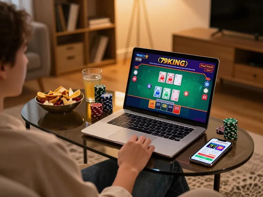 Engaged player using 79KING online casino app at home, showcasing blackjack gameplay on laptop.