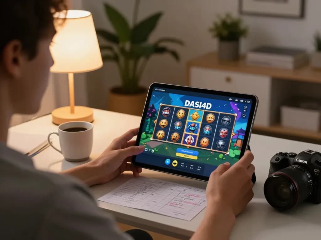 Berinteraksi dengan layar login DASI4D untuk menikmati permainan slot online di suasana rumah yang nyaman.