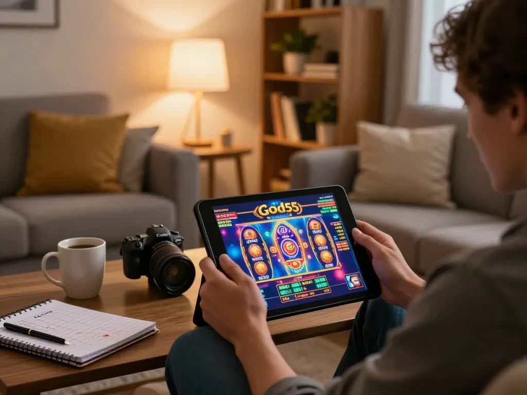 Engaging gaming experience on God55 app displayed on tablet in cozy living room setting