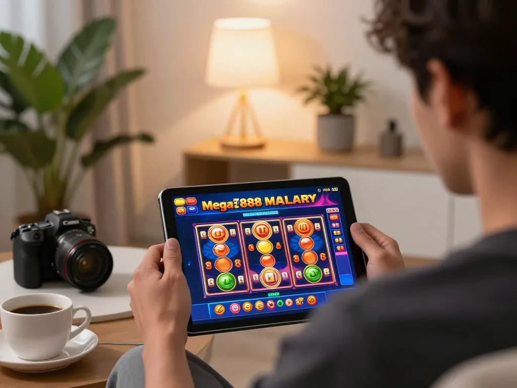 Mega888 Malaysia Trusted user enjoying online gaming on tablet in cozy home setup