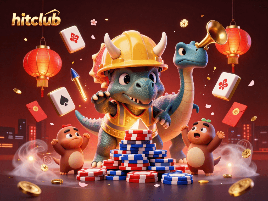Hitclub’s vibrant casino scene celebrates with animated characters building poker chip pyramids.
