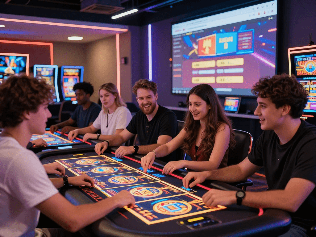 Pengalaman bermain di situs slot gacor dengan pemain yang terlibat di meja game modern yang cerah.