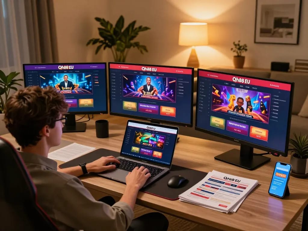 Person engaging in online gaming with Qh88 EU interface displayed on screens, showcasing a cozy gambling setup