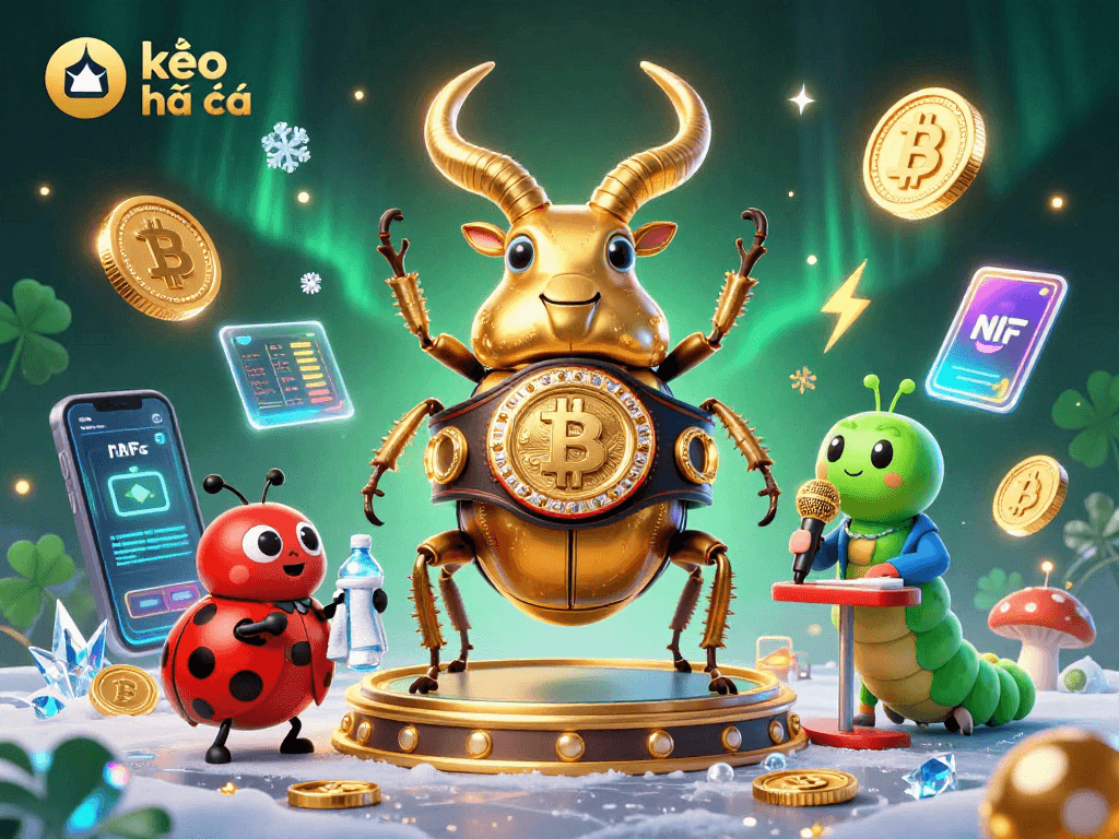 Bet on kèo nhà cái with a vibrant boxing scene showcasing a champion beetle and crypto elements