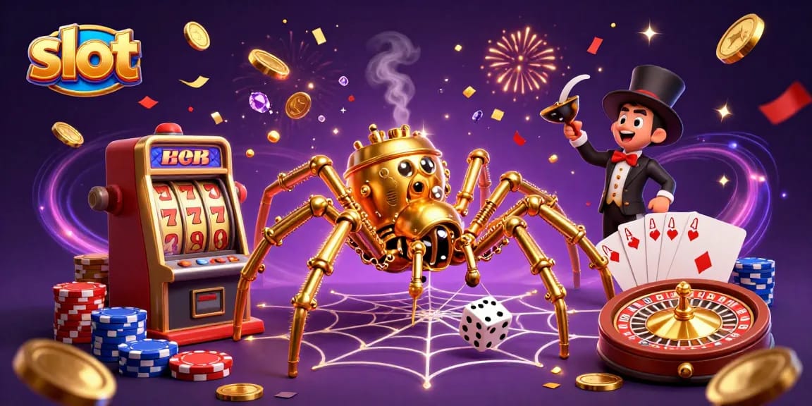 Permainan slot dengan laba-laba steampunk dan hiasan kasino yang megah
