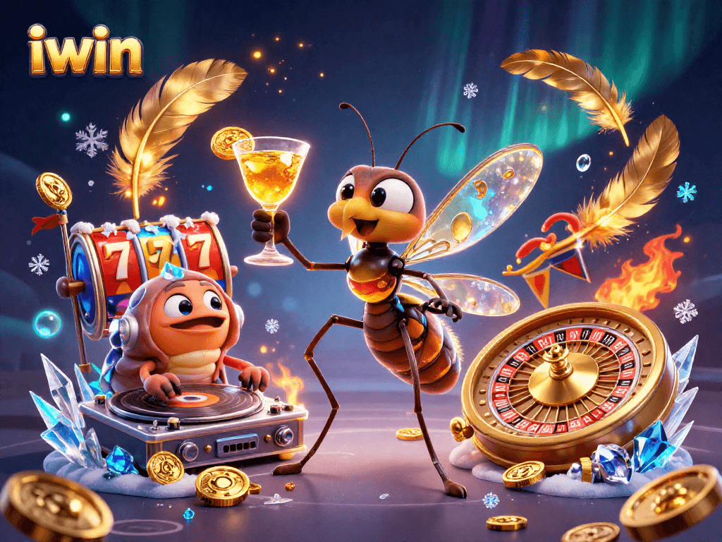 Engage with iwin's vibrant casino scene featuring a lively mosquito mascot and trilobite DJ.