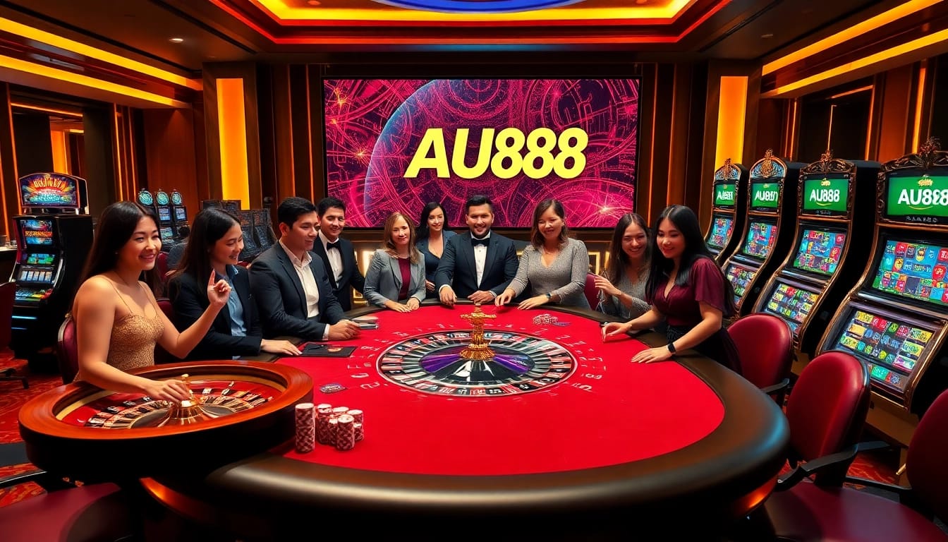 Players enjoy thrilling games at AU88 casino, with vibrant atmosphere and professional table setups.