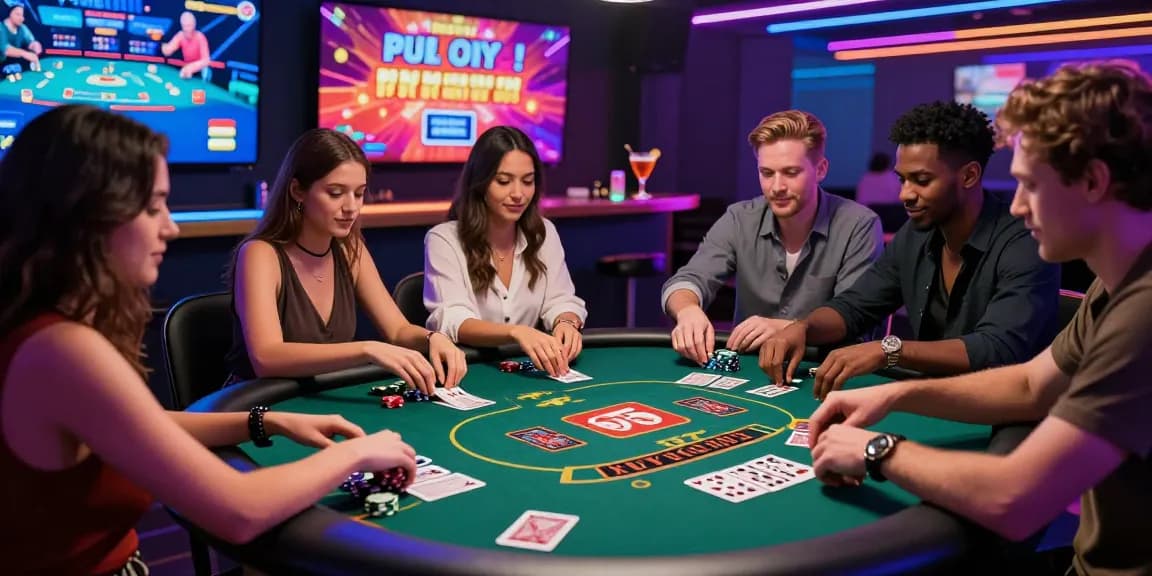 Friends enjoying credit card casinos at a high-tech gaming table, showcasing vibrant atmosphere and interactive gameplay.