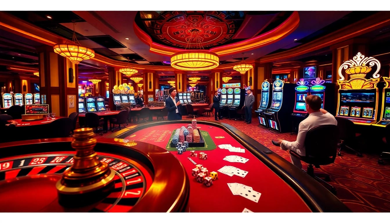 Exciting casino atmosphere featuring Nhà cái KONG88 with roulette and poker tables.
