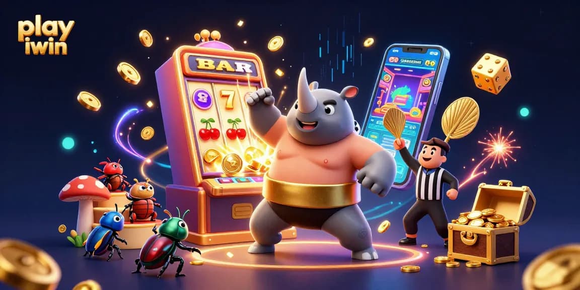 Play iwin and win big with colorful 3D casino game illustration featuring a beetle sumo champion.