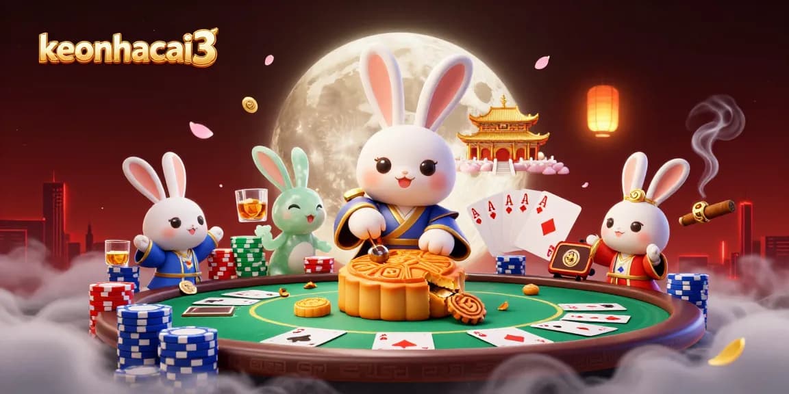 Join the moon rabbit in a thrilling keonhacai3 poker scene, revealing poker chips within mooncakes amidst a vibrant casino atmosphere.