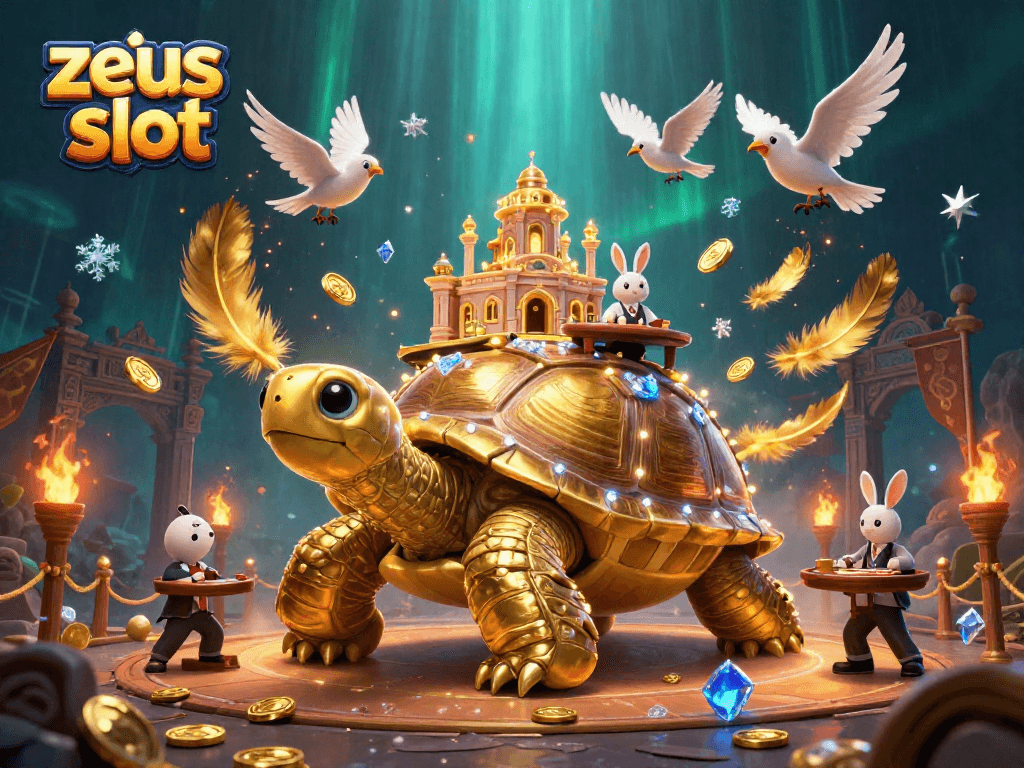 Experience the thrill of zeus slot with a dynamic 3D casino illustration featuring vibrant characters and rich details.