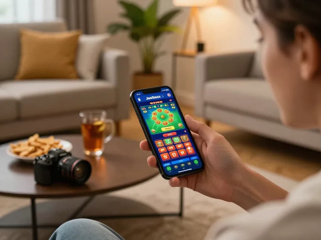 Using the Jeetbuzz Download App for mobile gambling in a cozy home setting, showcasing vibrant game graphics.