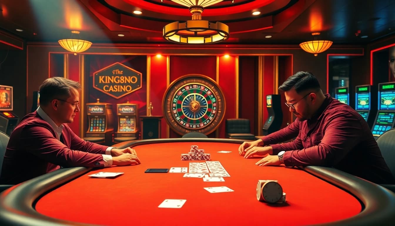 High-stakes poker game at king88b.us.com with vibrant casino elements and luxurious ambiance.